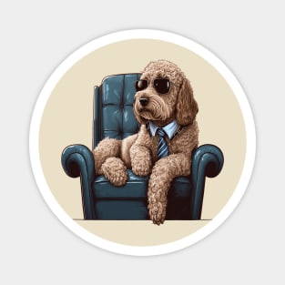 Cool Golden Doodle Stock Trader Sitting on a Lounge Chair Magnet